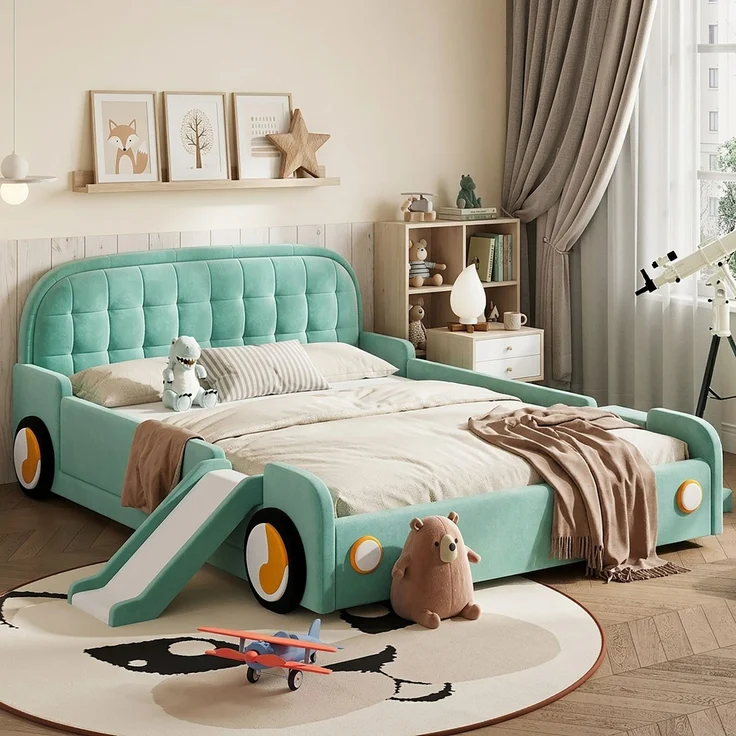 Kinderbett, Autobett mit Rutsche und Treppe, links/rechts montierbar, weiches Polsterbett in Blaugrün, Spielbett mit Fallschutz für Kinderzimmer, 140x200 cm – Bild 5