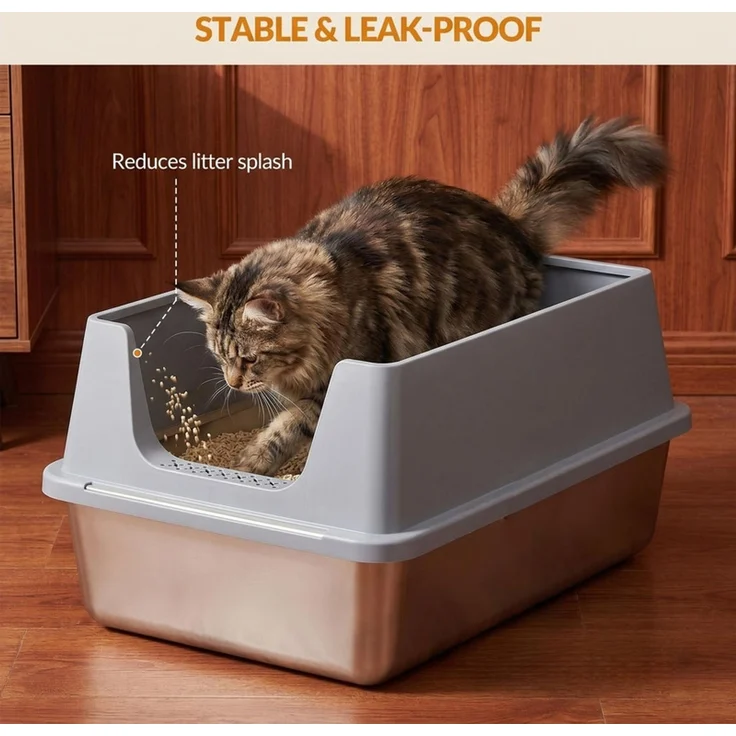 Halupeit Geschlossene Edelstahl-Katzentoilette in XXL-Größe, geräumiger Innenraum, hohe Wände verhindern das Verschütten von Streu, inklusive Schaufel, Dunkelgrau, 61.3 x 40.8 x 29.8 cm – Bild 6