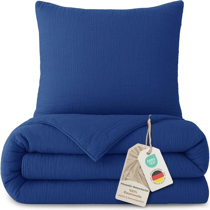 Laynenburg Bettwäsche Musselin aus 100% Baumwolle in 135x200 oder 155x220 cm, atmungsaktiv & bügelfrei – 3 lagig mit Reißverschluss & Haltebändern – Bild 1