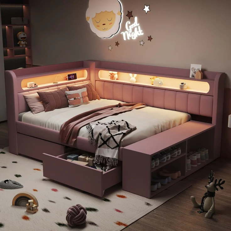 Merax Kinderbett, Einzelbett, Schlafsofa 90x200cm mit USB-Anschluss und LED-Lichtleiste, inklusive Schuhschrank und zwei Schubladen, Rosa – Bild 2
