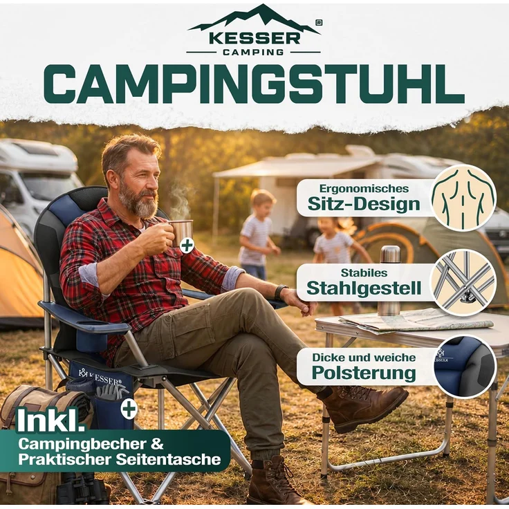 KESSER® Campingstuhl faltbar bis 150 kg Angelstuhl Faltstuhl Klappstuhl Gepolstert mit Armlehnen, Getränkehalter + Tasche mit hoher Rückenlehne, Strandstuhl, Klapphocker Navyblau / Schwarz – Bild 2