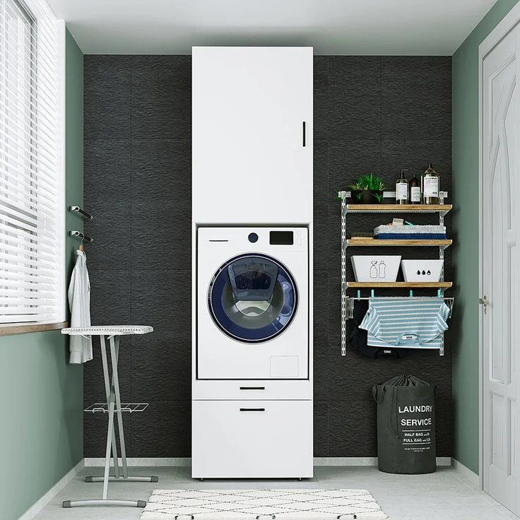 Roomart Waschmaschinenschrank mit Schrankaufsatz & Ausziehbrett – SERIE 2 - 67 cm breit, Waschmaschinenschrank für Waschküche & Hauswirtschaftsraum • Weiß – Bild 2