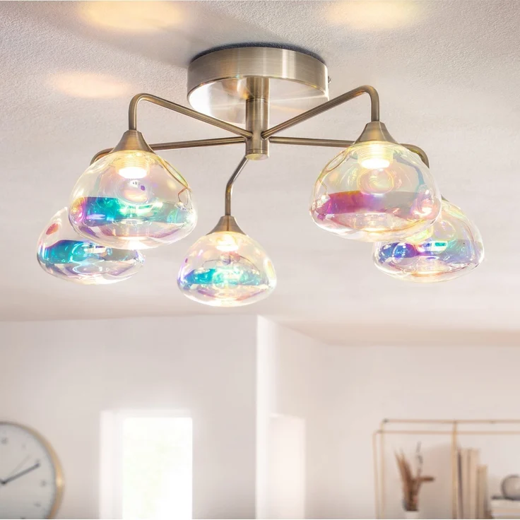 näve LED Deckenleuchte Varna, LED fest integriert, Warmweiß, 5 flg. irisierendes Glas incl. LEDs warmweiß Gestell messing – Bild 3