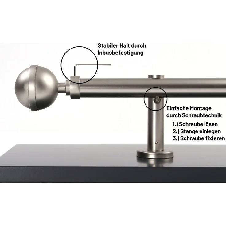 Deco-Raum® Gardinenstange 1-lauf 25mm Kugel | Länge: 250cm | Material: Metall | Farbe: Edelstahl-optik – Bild 3
