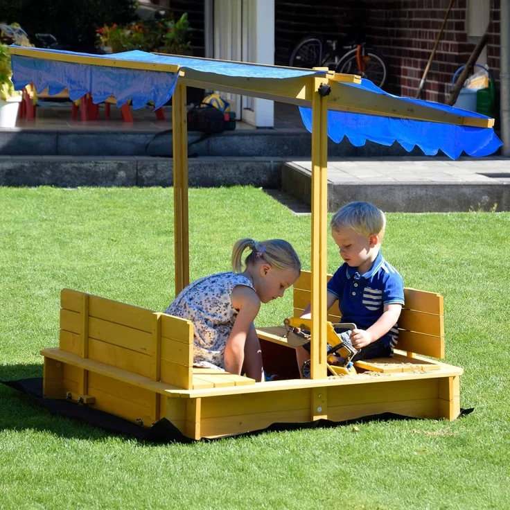 Sandkasten mit schwenkbarem Dach, Sitzbänke, Bodenplane, verschließbare Sandkiste aus Holz für Kinder, 120 x 120 x 120 cm, hellbraun – Bild 6