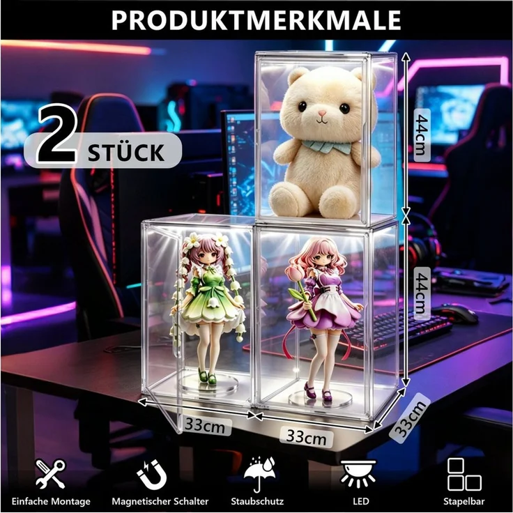 XERSEK Vitrine LED Transparente Schuhbox Acryl Displaybox Organizer Aufbewahrungsbox (Set, 2-St, 44×33×33cm Stapelfähig mit Magnettür) für Modelle Spielzeug Handtasche – Bild 4