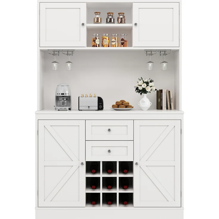 Küchenschrank mit verstellbaren Ablagen & Weinregal, Hochschrank Küchenbuffet mit 4 Türen & 2 Schubladen, Sideboard für Küche & Wohnzimmer, Buffetschrank, Weiß – Bild 7