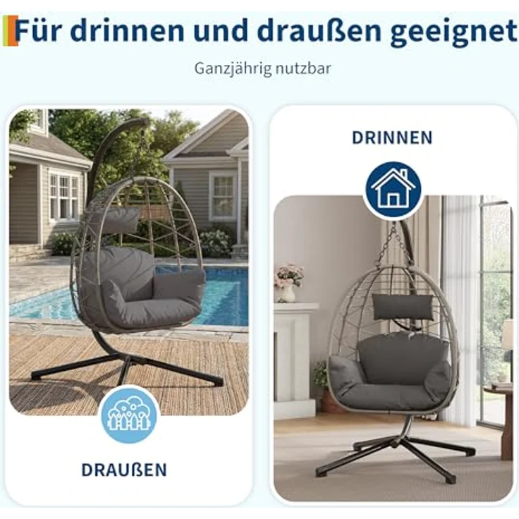 Hängesessel mit Gestell Outdoor bis 150 kg belastbar, Rattan Hängesessel mit Metallgestell, ideal als Hängesitz Indoor mit Gestell für Garten, Terrasse & Balkon Grau – Bild 8