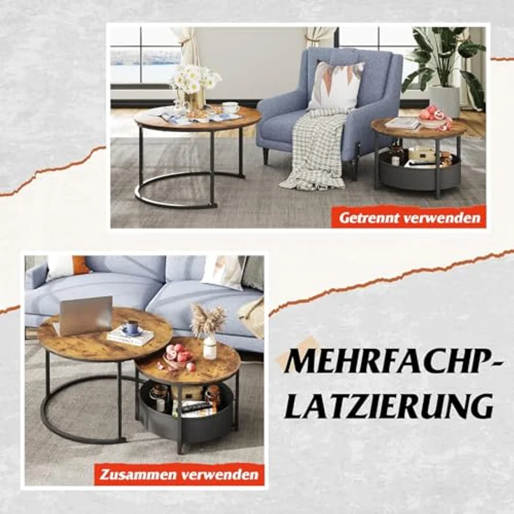 WLIVE Couchtisch 2er Set, Beistelltisch Rund mit Stauraum, Wohnzimmertisch mit Korb aus Stoff，Metallgestell, Kaffeetisch für Wohnzimmer (Rustikales Braun) – Bild 6