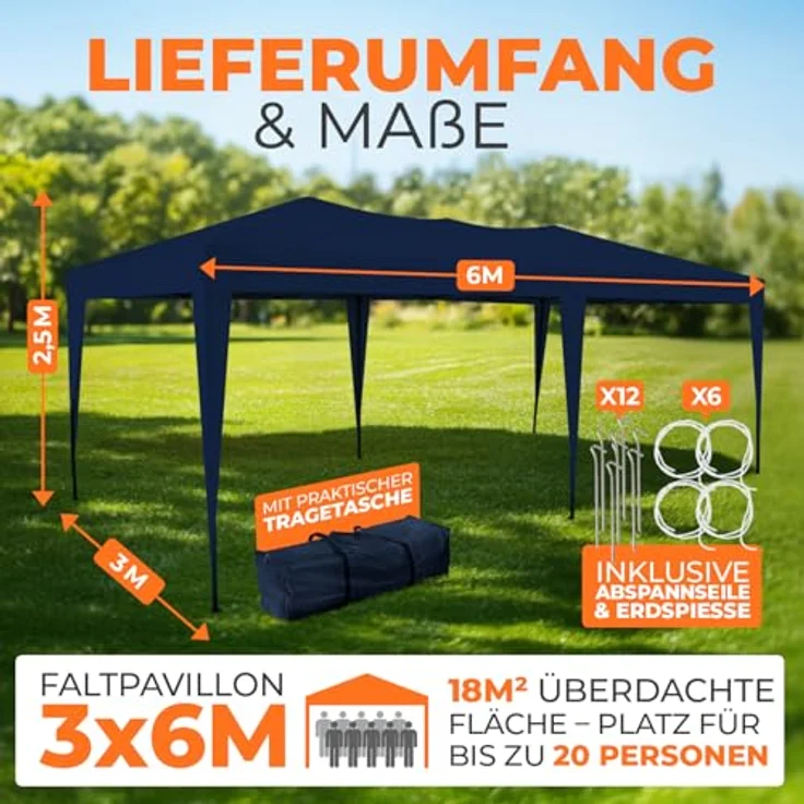 Kronenburg Faltpavillon wasserdicht Pavillon, Gartenzelt, 3x6 m - mit UV Schutz 50+, Blau – Bild 3