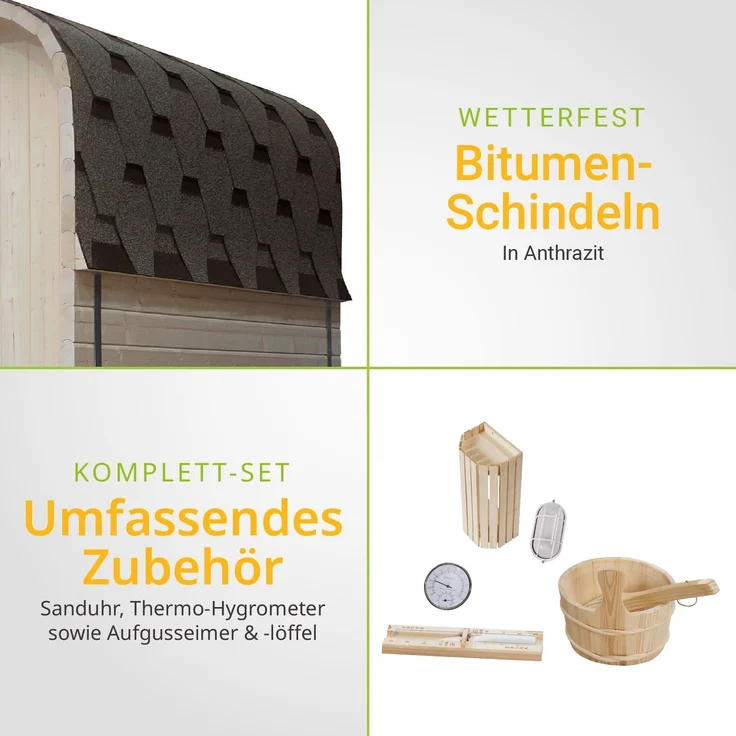 Artsauna Fasssauna Nolvik L, Outdoor-Sauna aus Fichtenholz, 6 kW Ofen, LED, Komplettset mit Sanduhr, Eimer & Thermometer, winterfest, Cube Design – Bild 6