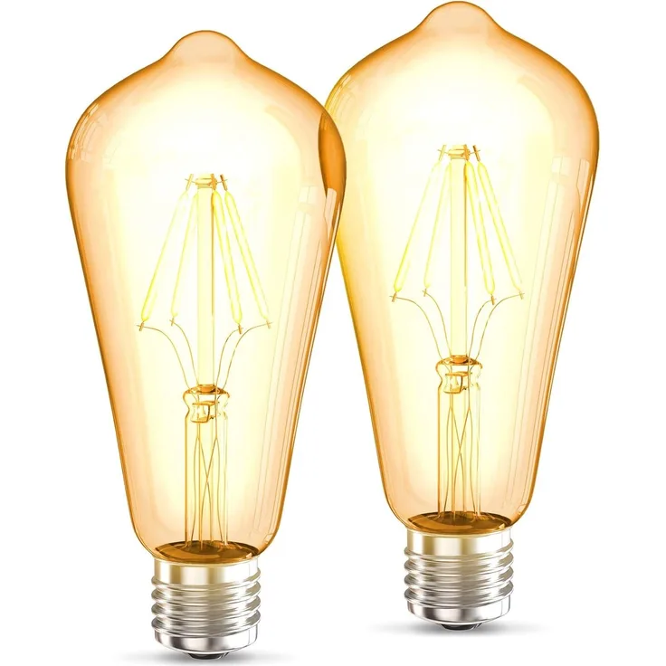 B. K. Licht - 2er Set LED Lampe E27 mit extra warmweißer Lichtfarbe, ST64 Form, 4 Watt, 380 Lumen, LED, LED Glühbirne, LED Leuchtmittel, LED Birne, Vintage, Retro, Edison, 14,3x6,4 cm, Bernsteinfarbig