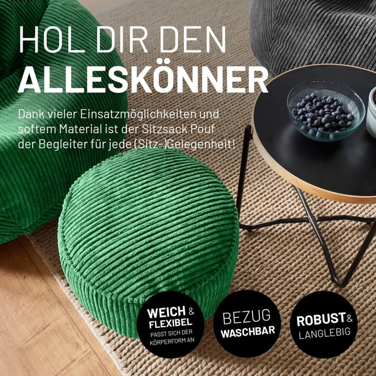 Lumaland Pouf Sitzsack-Hocker Pouf rund Cord 50l dunkelgrün, supersofte Füllung EPS-Perlen – Bild 3