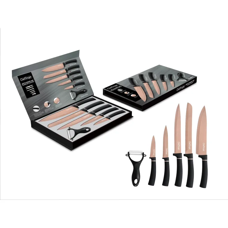 6 teiliges Messerset Schwarz Gold Edtition (5 Messer & 1 Sparschäler) Edelstahl in Klappbox mit Magnetverschluss scharfe Messerklingen Küchenmesser Chefmesser Pizzamesser Motiv 3