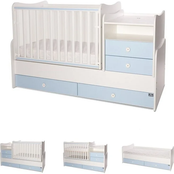 Lorelli Baby- Jugendbett Combo umbaubar 2 Kinder gleichzeitig Schaukelfunktion weiß blau