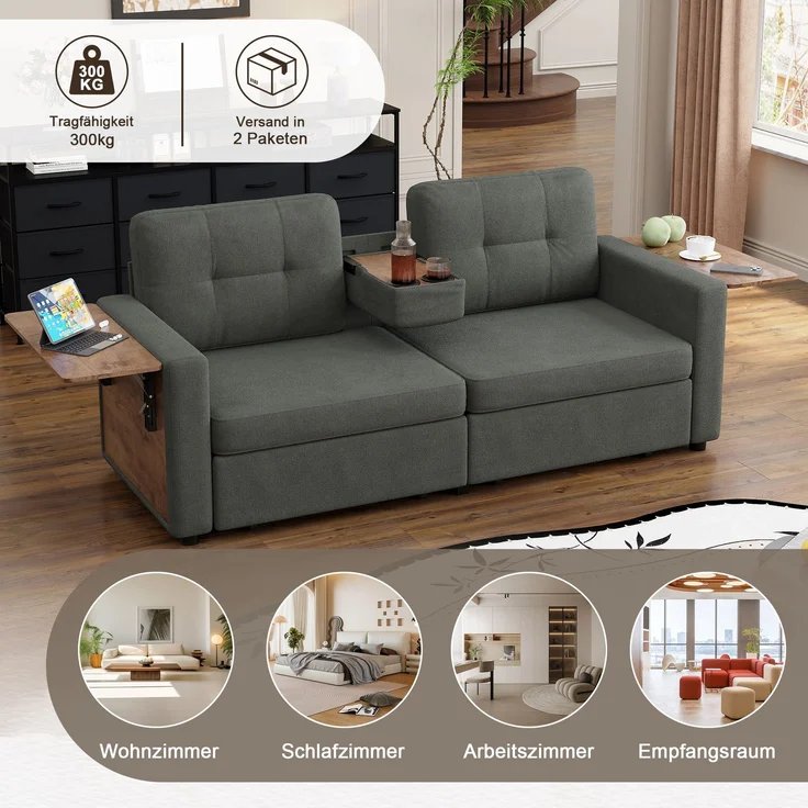 ZUBALIYA Schlafsofa 71x57.5 cm, mit Schreibtisch, mit Schubladen, mit Stauraum, mit Ablageflächen, mit Ausziehbett, Grau – Bild 3