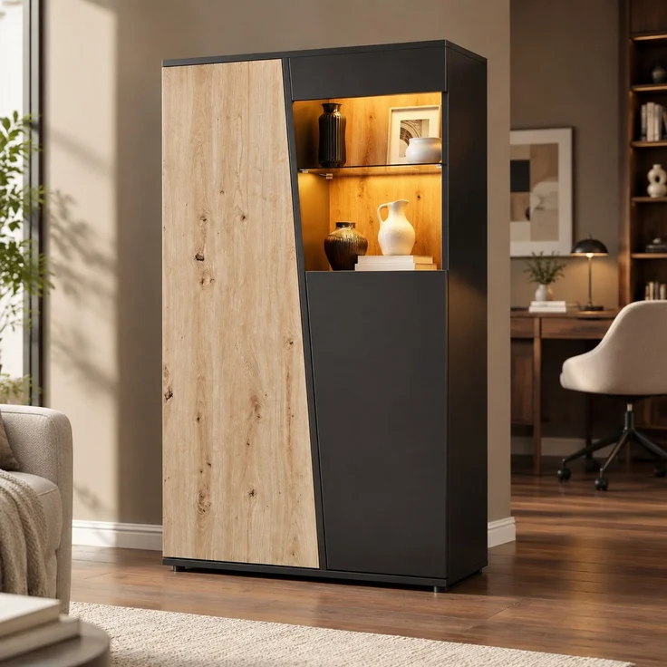 Vitrinenschrank 80x35x139,5 cm mit Bluetooth-LED, 9 Fächern und Glaseinlegeboden – Bild 2