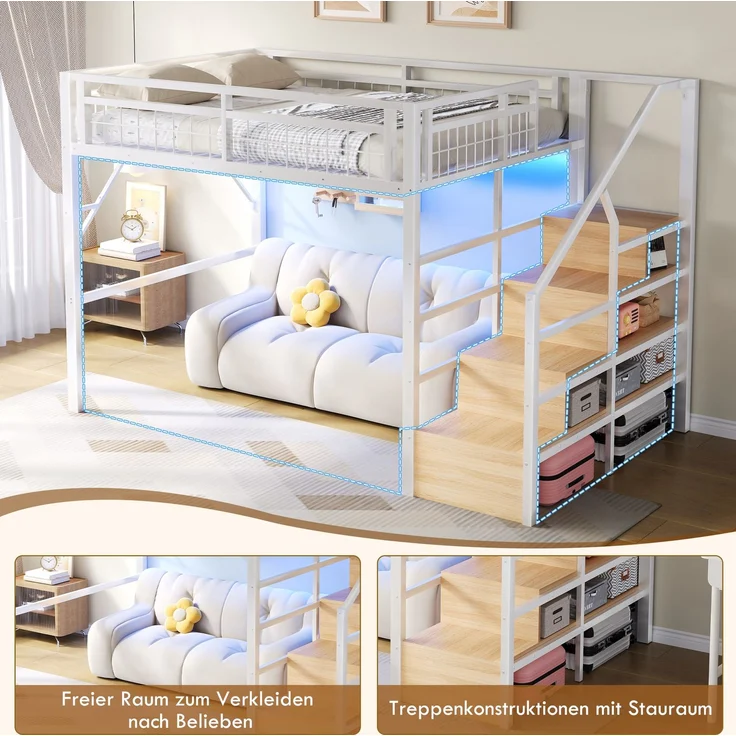 CHICFURN Hochbett Metall und MDF Weiß 140x200 cm mit LED-Beleuchtung und Stauraumtreppe – Bild 5