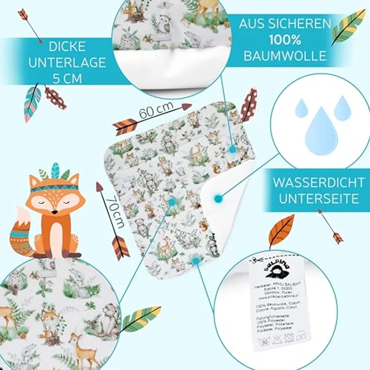 Balbina® Wickelunterlage Wickeltischauflage Wickelauflage baumwolle 60x70 I Tiere in Blättern – Bild 4
