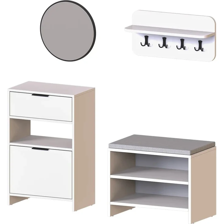 Roomart LENA Garderobenset 4-teilig – Schuhschrank, Sitzbank, Wandgarderobe & runder Spiegel – kompakte Flurgarderobe 120 cm – H 95 x B 60 x T 37 cm (Schuhschrank) • Weiß – Bild 7
