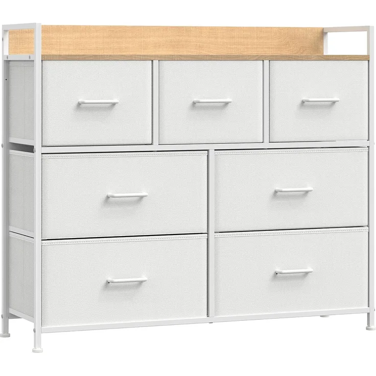 Songmics Kommode, Schrank, 7 Stoffschubladen mit Griffen, Metallgestell, Industrie-Design, weiß-eichenfarben LTS523W57