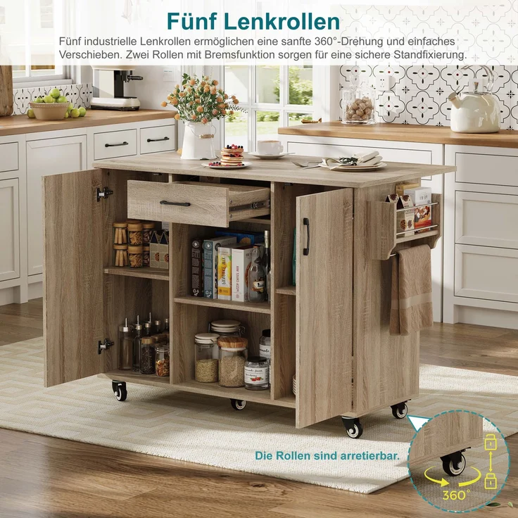 ZUBALIYA Küchenwagen 120 cm Arbeitsplatte – klappbare Arbeitsplatte, Schublade und 2 Schränke, 5 Rollen, 2 mit Bremse, Gewürzregal und Handtuchhalter, MDF, Sonoma-Eiche-Optik – Bild 6