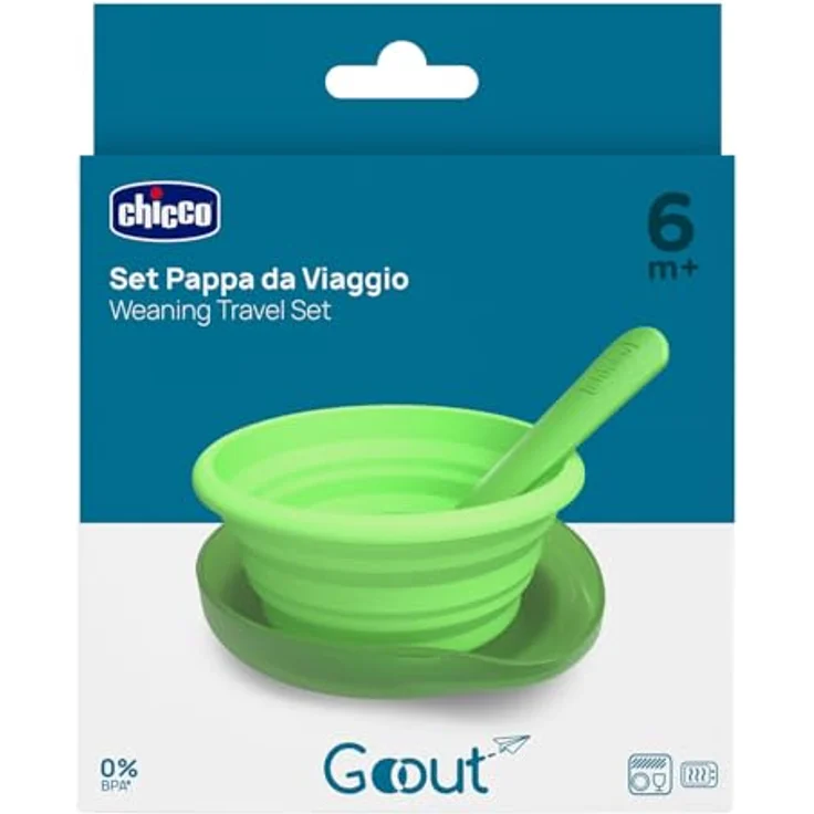 Chicco Reise-Babyset, zusammenklappbarer Silikon-Teller 250 ml, praktischer Löffel, kompakte Aufbewahrung, ideal für unterwegs, tragbares Babyset, bequem und einfach zu transportieren, 6 Monate+, grün – Bild 1
