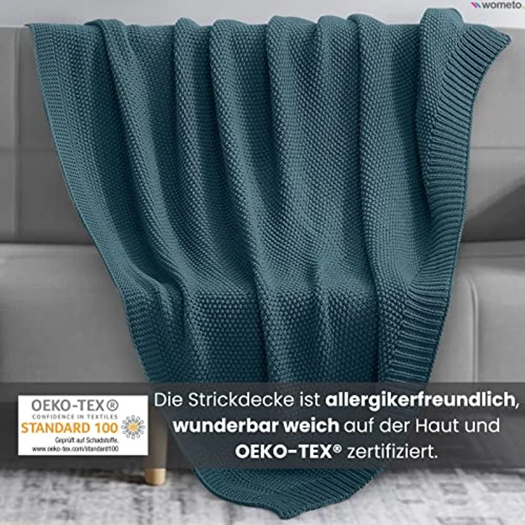 wometo Strickdecke, Türkis, 140x190 cm, Oeko-Tex® zertifiziert, pflegeleicht, hochwertige Grobstrick-Optik – Bild 2
