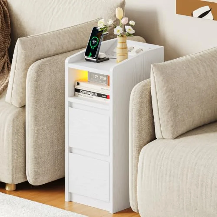 IRONCK Nachttisch Schmal (2, Weiß) | Bedside Table mit Offenem Fach für Schmale Räume Schlafzimmer, Wohnzimmer, 2 Schubladen,2 AC-Steckdosen,USB+Typ-C Anschlusse – Bild 6