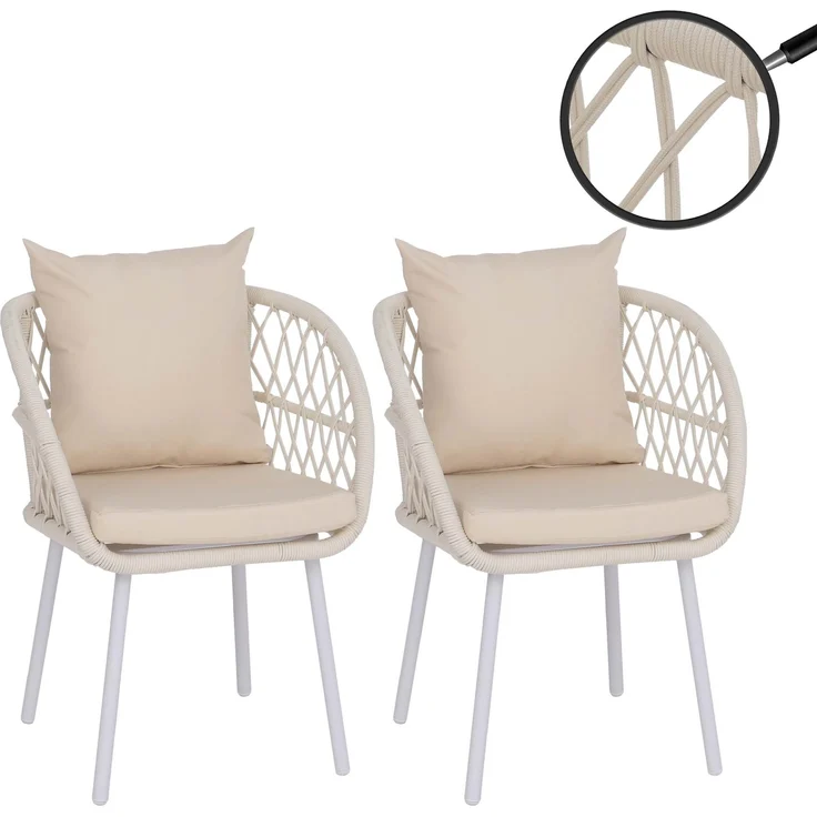 2er-Set Gartenstuhl HWC-Q38, Gartensessel Armlehne, Aluminium Seilgeflecht Rope ~ Gestell hellgrau, Polster creme – Bild 1