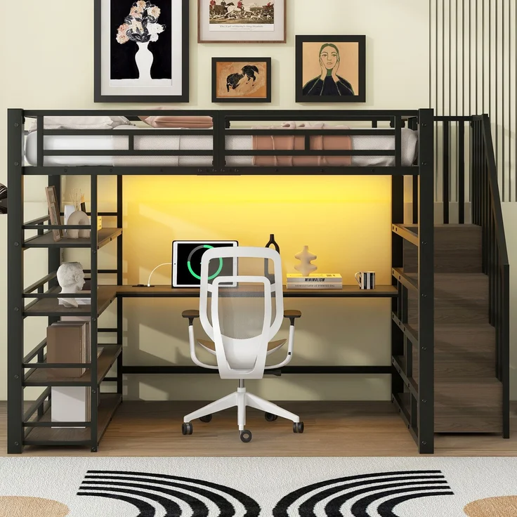 EINHOM 140 x 200 cm Metall-Hochbett mit Treppe, Integriertem Schreibtisch, Staufächern, USB-Ladestation und LED-Licht, Schwarz (Ohne Matratze) – Bild 4