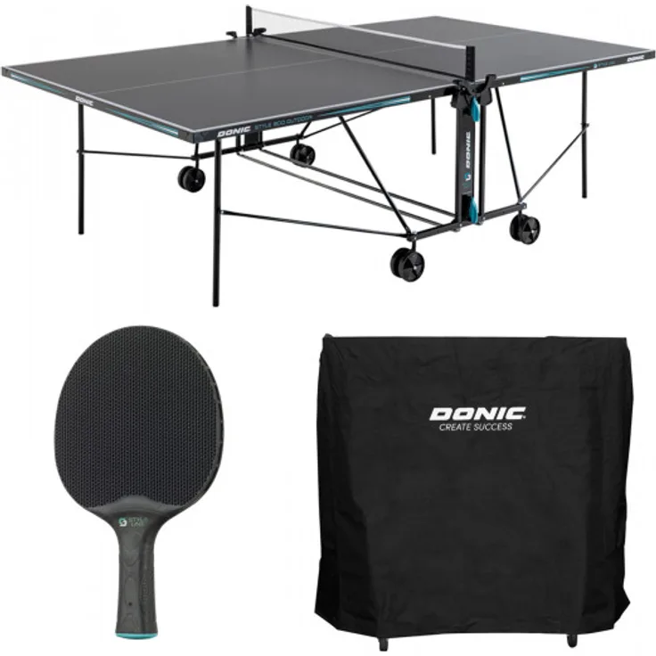 Donic Outdoor Tischtennisplatte Style 600, wetterfest mit Playback-Funktion, grau/petrol/weiß, inkl. 2 Schlägern und 6 Bällen