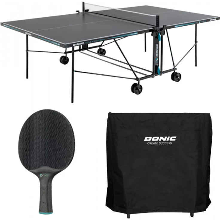 Donic Outdoor Tischtennisplatte Style 600, wetterfest mit Playback-Funktion, grau/petrol/weiß, inkl. 2 Schlägern und 6 Bällen