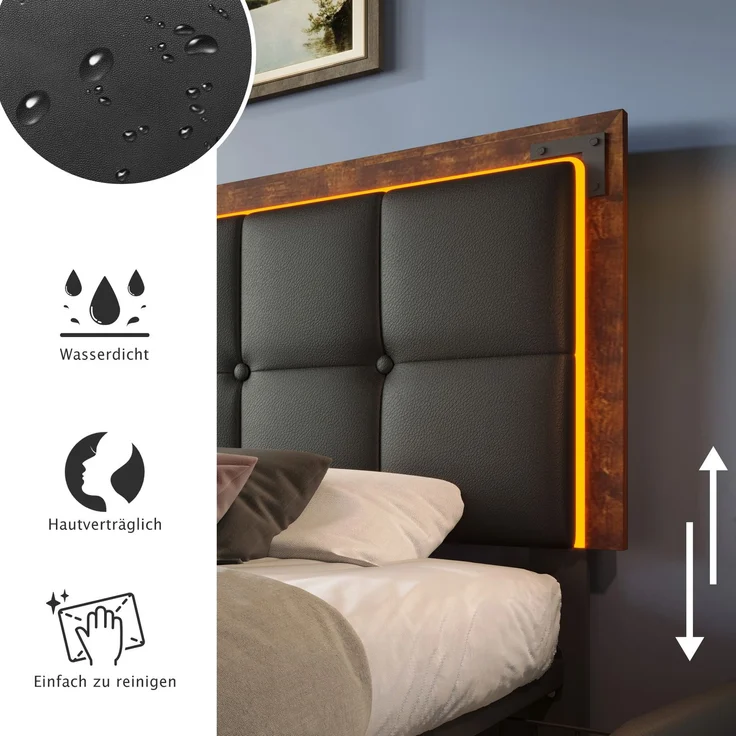 Einzelbett 160x200 cm mit LED-Beleuchtung, 4 Schubladen, höhenverstellbares Kopfteil, Luxus-Kunstleder Schwarz,inklusive Matratze – Bild 8