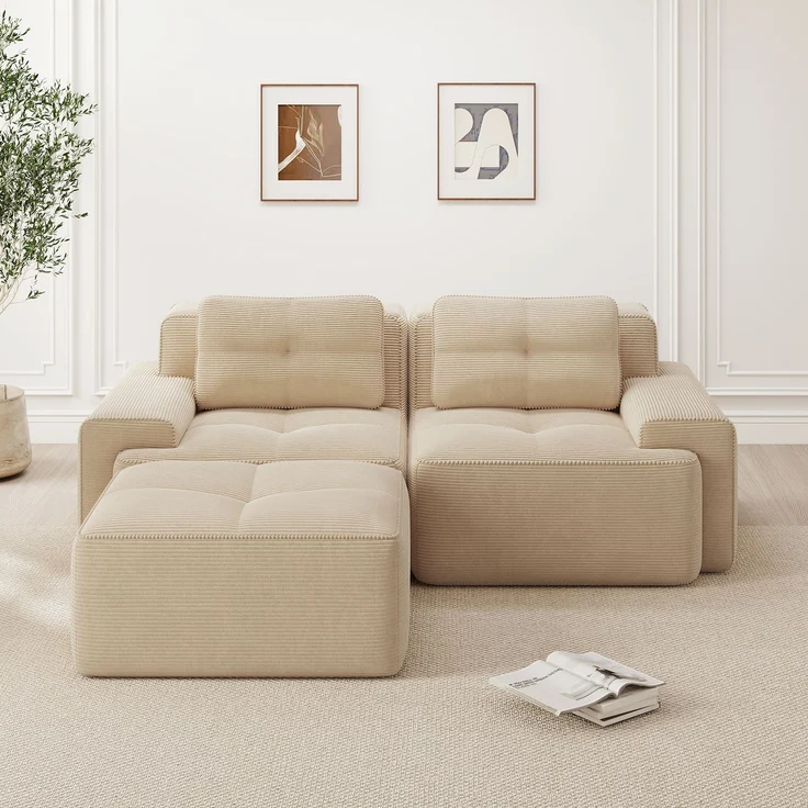 Boneless Modulsofa,Modernes L-förmiges Modulsofa für Wohnzimmer mit Tiefem Sitz bequemes Corduroy-Cloud-Sofa mit Ottoman Getuftetes Zweisitzer-Schlafsofa,Corduroy,Beige, – Bild 2
