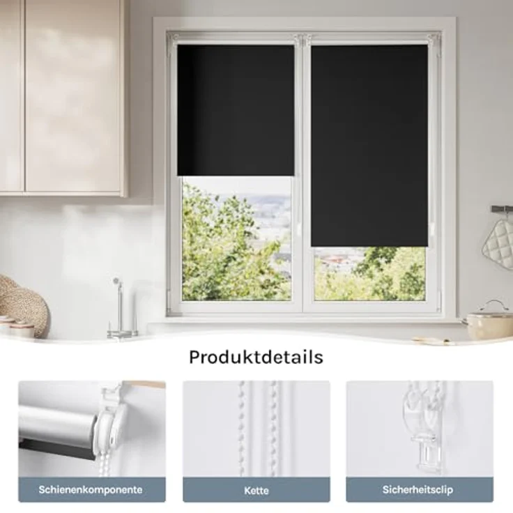 WOLTU Verdunkelungsrollo ohne Bohren, Thermo Verdunkelungsrollo mit Kette, Sichtschutz, für Türen und Fenster, Schwarz，B95 x H130 cm – Bild 6