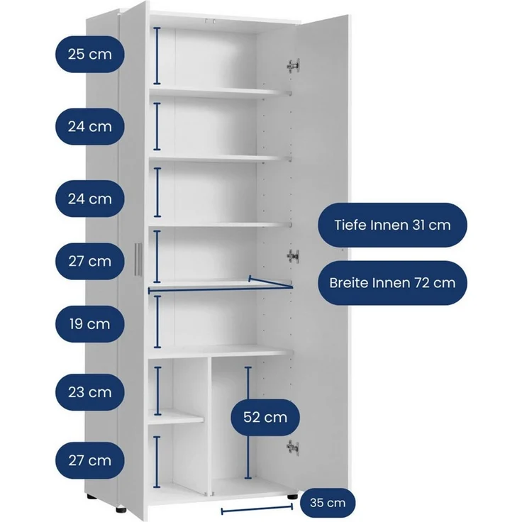 Home Collective Mehrzweckschrank 75 cm breit mit Einlegeböden 75 x 35 x 184 cm (BxTxH) Weiß mit 2 Türen & 6 Einlegeböden – Bild 2