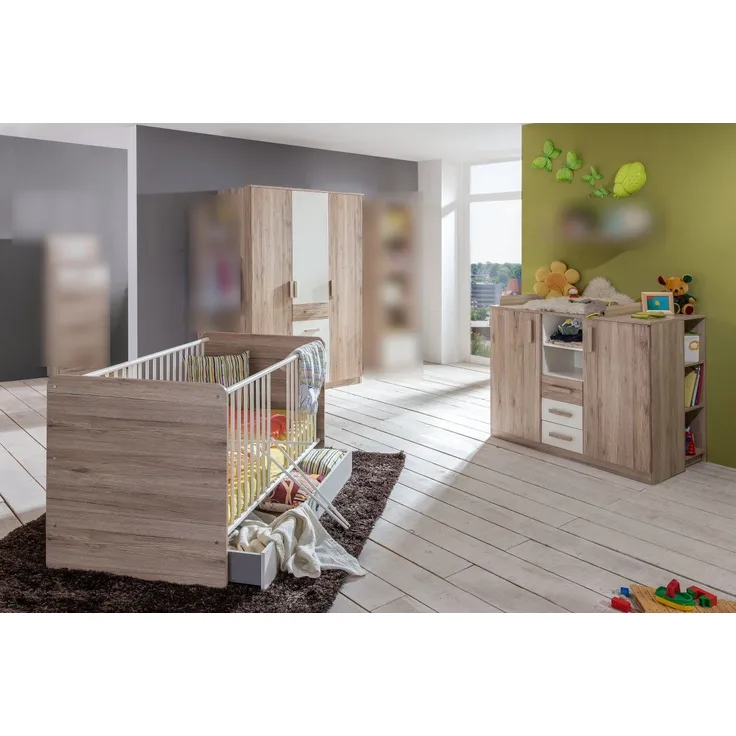 Babyzimmer Cariba Kinderzimmer Komplett Set in Eiche San Remo und Weiß in verschiedenen Varianten wählbar - 7 teilig , Kleiderschrank + Babybett + Lattenrost + Umbauseiten + Bettschubkasten + Wickelkommode + Seitenregal