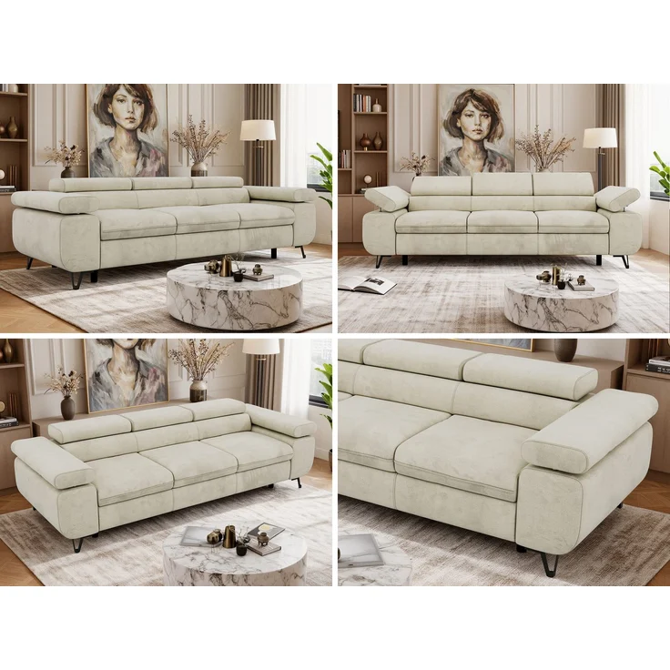3-Sitzer Polstersofa PETER, verstellbaren Armlehnen und Kopfstütze, breite 262 cm, Gepolsterte Couch, Wellenfeder - Beige Velvet – Bild 2