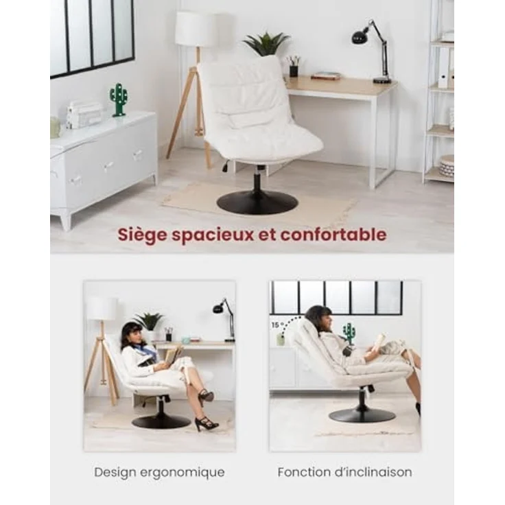 MEUBLE Cosy Bürostuhl Ergonomisch Schreibtischstuhl mit höhenverstellbar 360° Drehbar Kippfunktion ohne Armlehnen, Bouclé-Stoff, Weiß – Bild 3