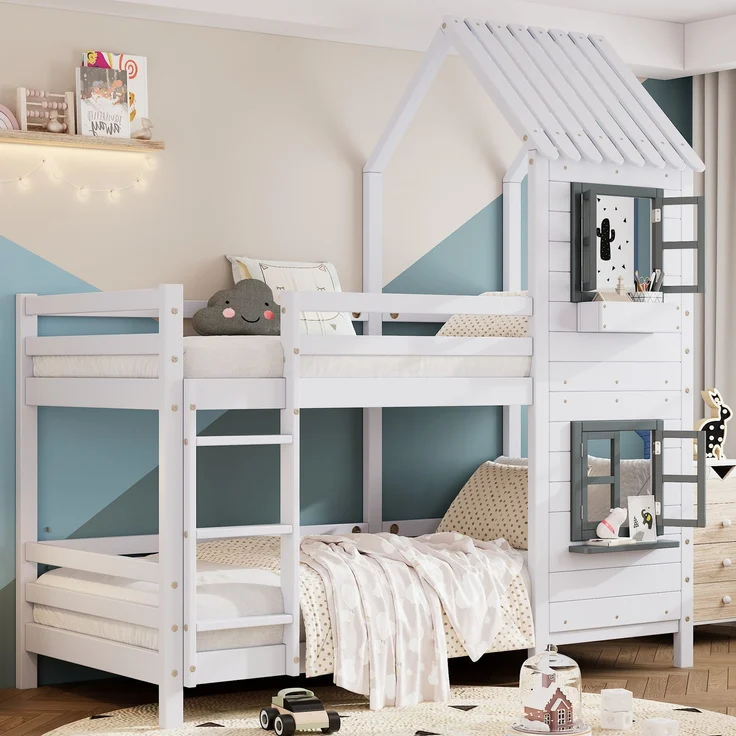 Merax Etagenbett mit Handlauf und Fenster, Hausbett, Kinderbett mit Fallschutz und Gitter, Rahmen aus Kiefer, weiß (90x200cm) – Bild 2