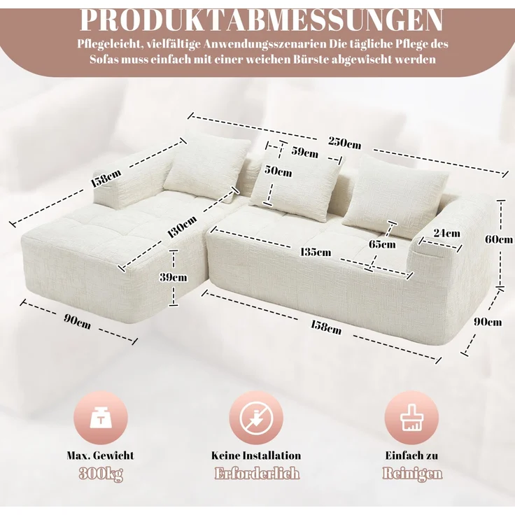 DESVIAE Sofa 3-Sitzer mit Chaiselongue und Seitentaschen, 250x60x158 cm, Chenille, Beige – Bild 10