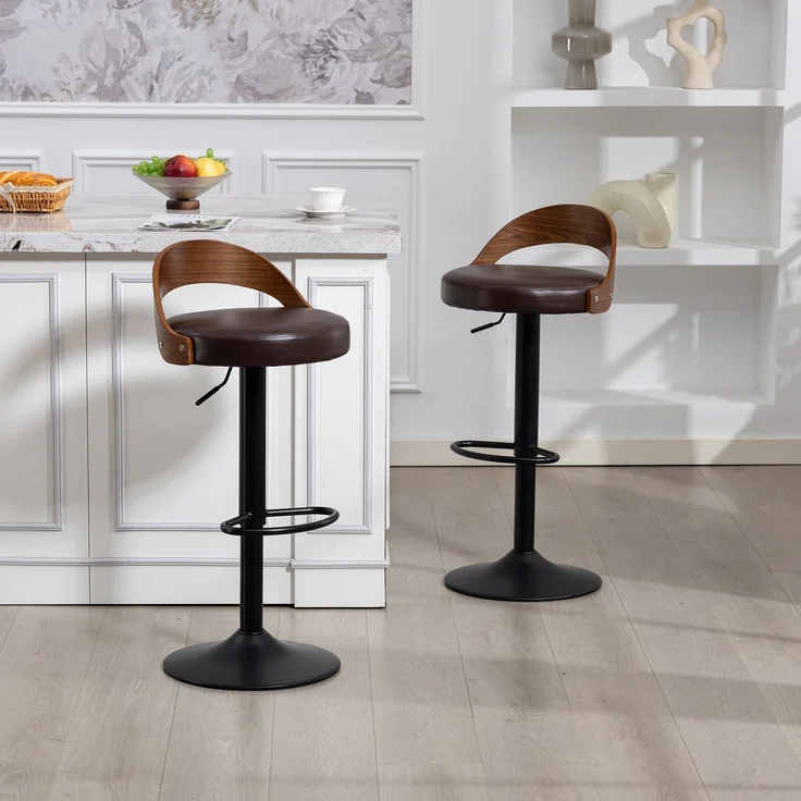 LVHOM Barstuhl 2er Set, 360° drehbarer Barhocker mit Rückenlehne und Fußstütze, höhenverstellbarer Tresenhocker aus Bugholz & PU-Leder, Braun – Bild 7
