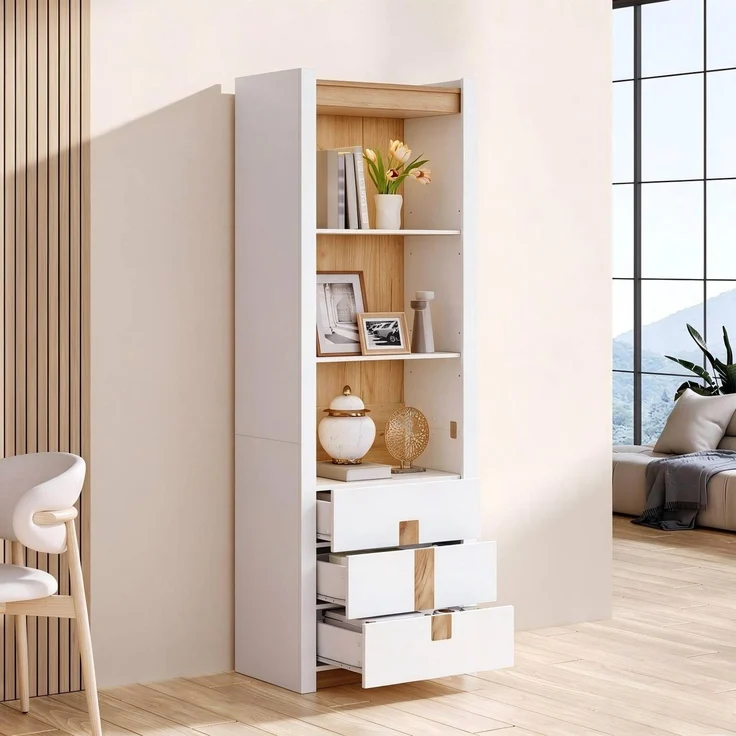 Vitrinenschrank 63 x 41,5 x 200 cm mit Bluetooth-LED und 3 Schubladen, mattweiß – Bild 1