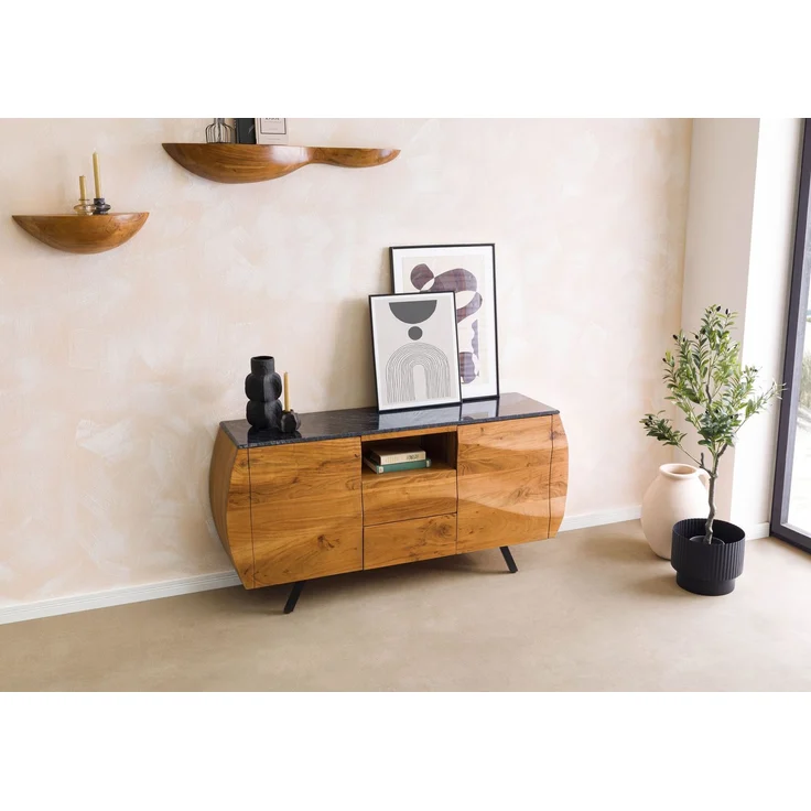 Sideboard Akazie 154 x 40 x 75 natur lackiert / Marmor schwarz MONTREAL #125 – Bild 3