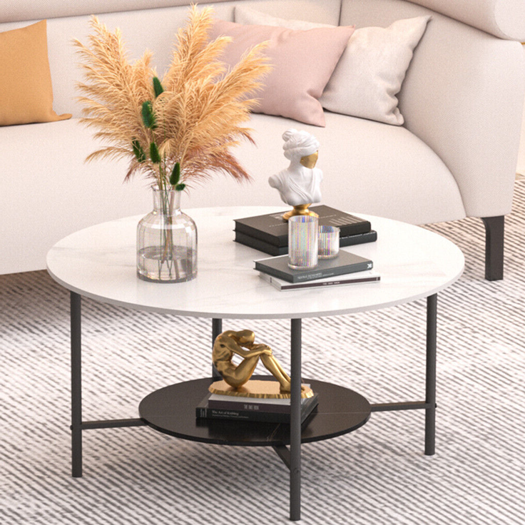 FATIVO Couchtisch Rund Wohnzimmertisch Sofatisch Luxus aus Sinterstein Wei? 51x48x80cm Metall