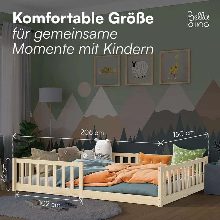 Bellabino 'Vere' Bodenbett 140x200 cm mit Matratze, natur, Massivholz Kiefer, Montessori Kinderbett mit Rausfallschutz und Lattenrost – Bild 8
