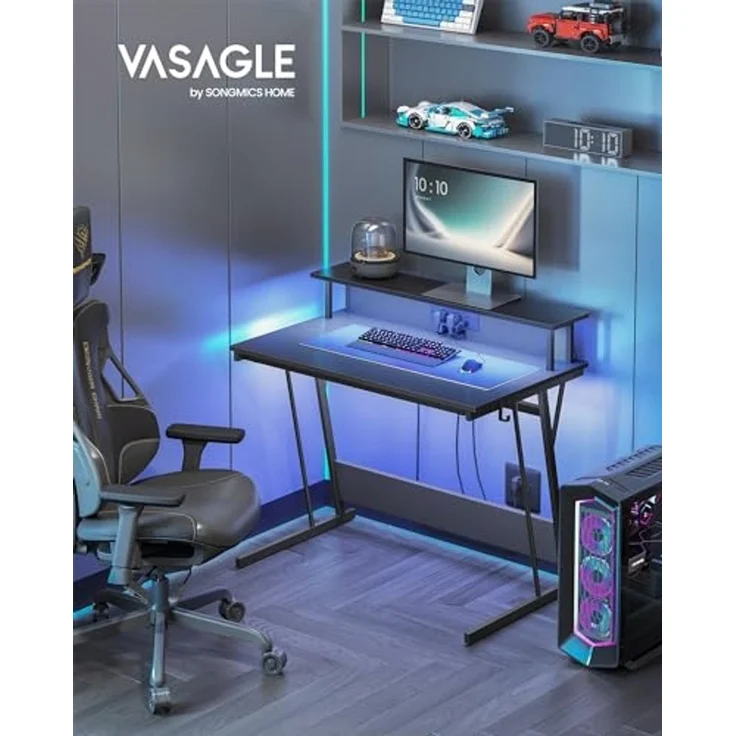 Vasagle Schreibtisch, Gaming Tisch mit eingebauter Steckdosenleiste, Computertisch, mit Monitorständer für 2 Monitore, Schlafzimmer, 60 x 100 x 76 cm, rußschwarz LWDDE191B02 – Bild 4