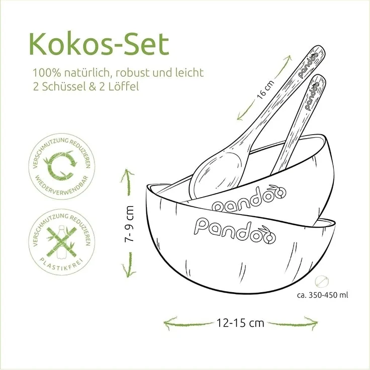 pandoo Schüssel Kokosnuss-Set, 2 Schüsseln und 2 Löffel, 100% Kokosnuss – Bild 9