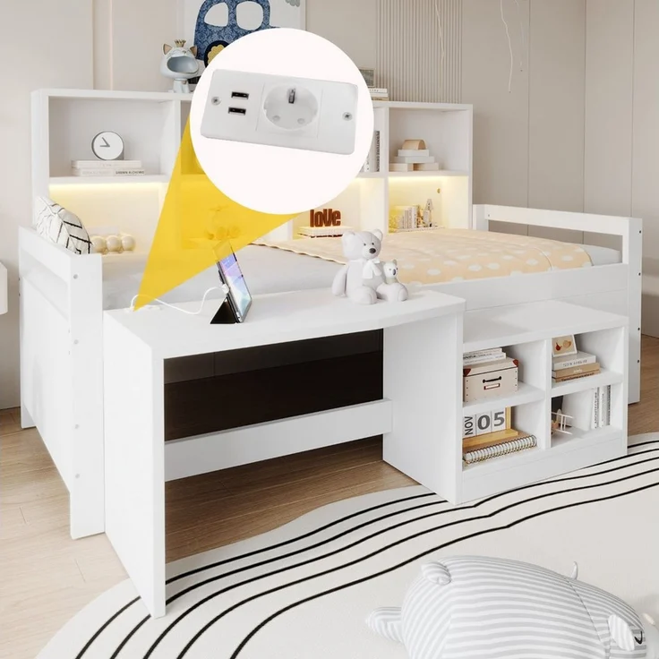 Flieks Kinderbett, Halbhochbett 90x200cm mit Schreibtisch, Schrank, Aufladen & LED-Leiste – Bild 3